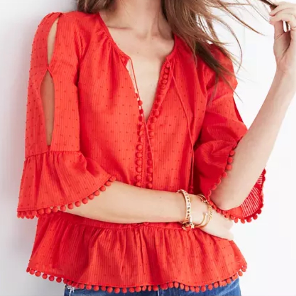 Madewell Red Blouse with Pom-Pom Trim